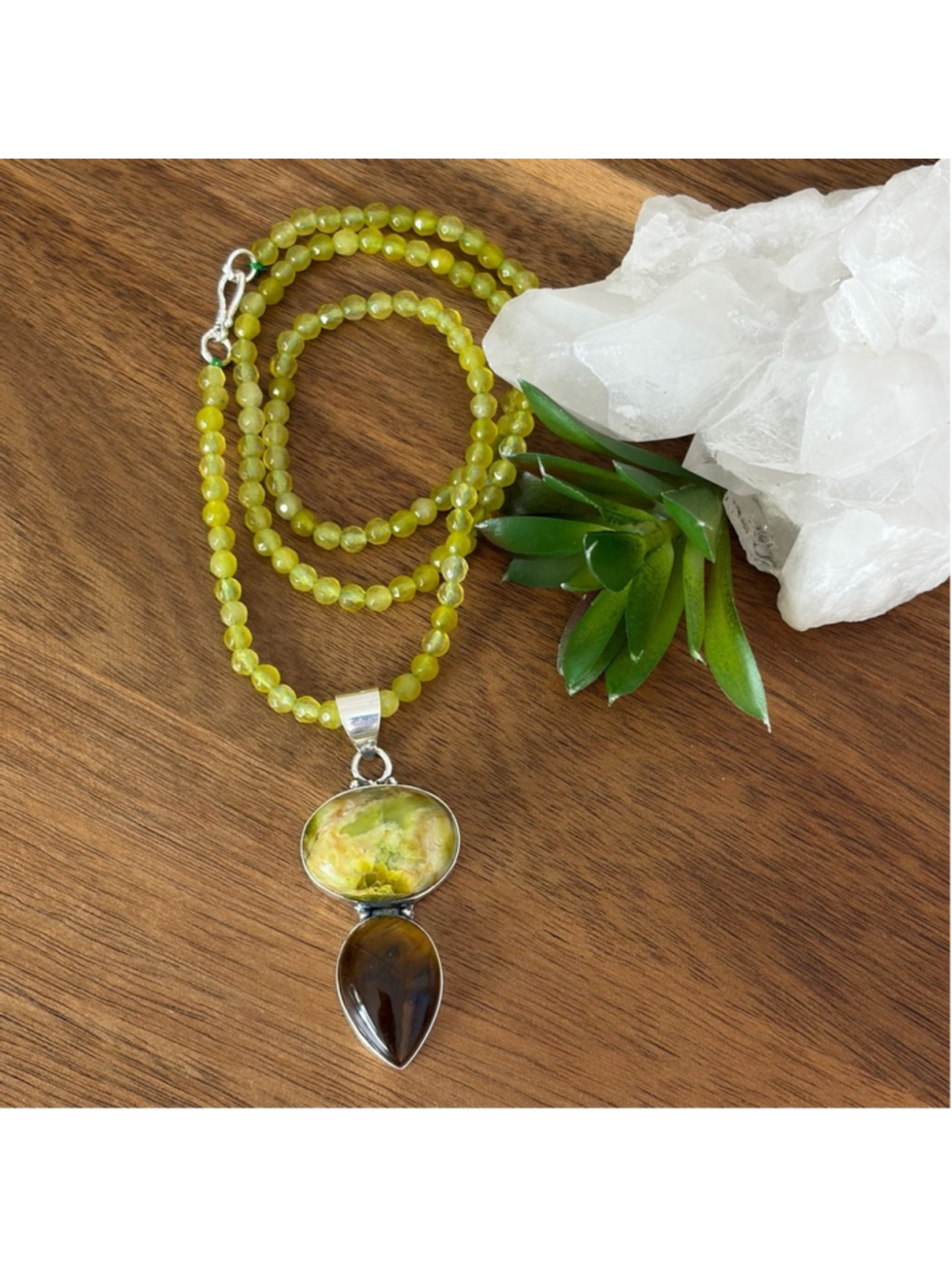 Green Opal & Tiger's Eye Pendant Necklace Southwest Boho 925 Sterling Silver New - Picture 2 of 8
